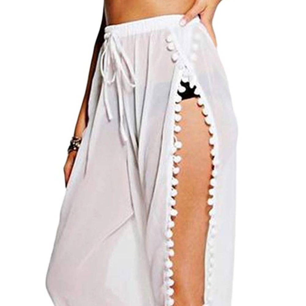 Amazon White Pom-Trim Wide Leg Beach Pants